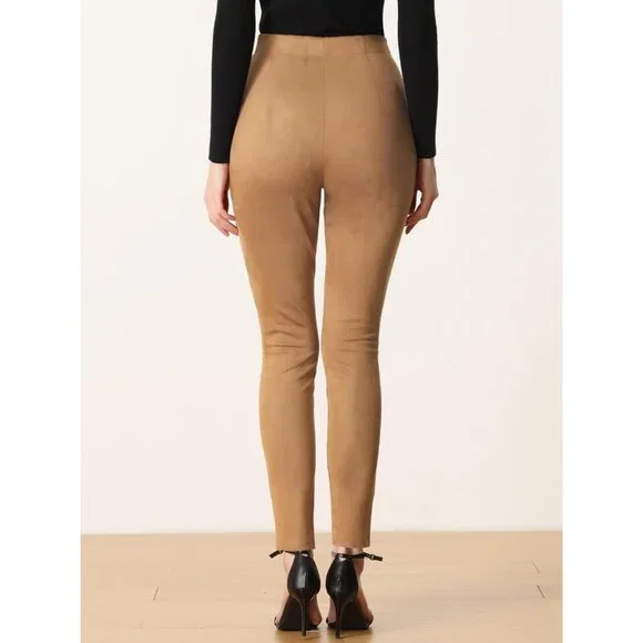 Brown High-Waisted Stretch Leggings in Faux Suede - Perfect for Work & Play